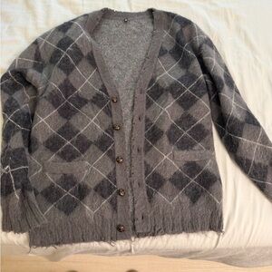 R13 Gray Argyle Button-Up Cardigan